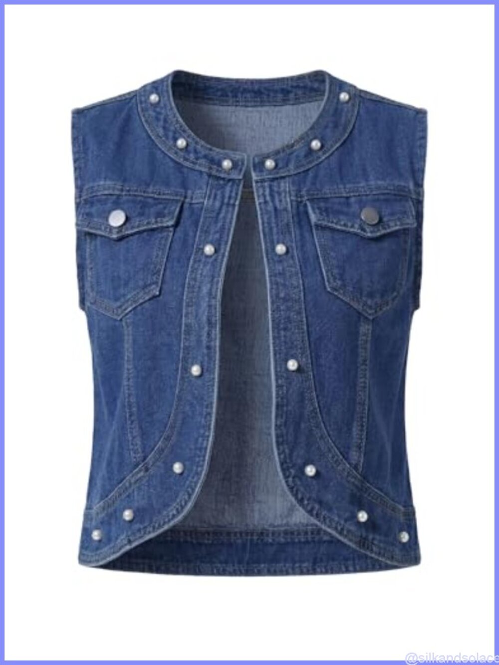 Sleeveless Cropped Denim Vest with Pearl Decor Collarless